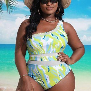 Plus Allover Print One Shoulder One Piece Swimsuit